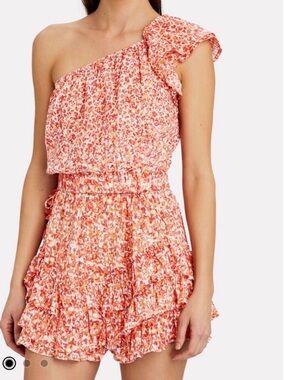 Poupette St. Barth Kaia Coral-Pink One-Shoulder Ruffle Tiered Hem Mini Dress XS